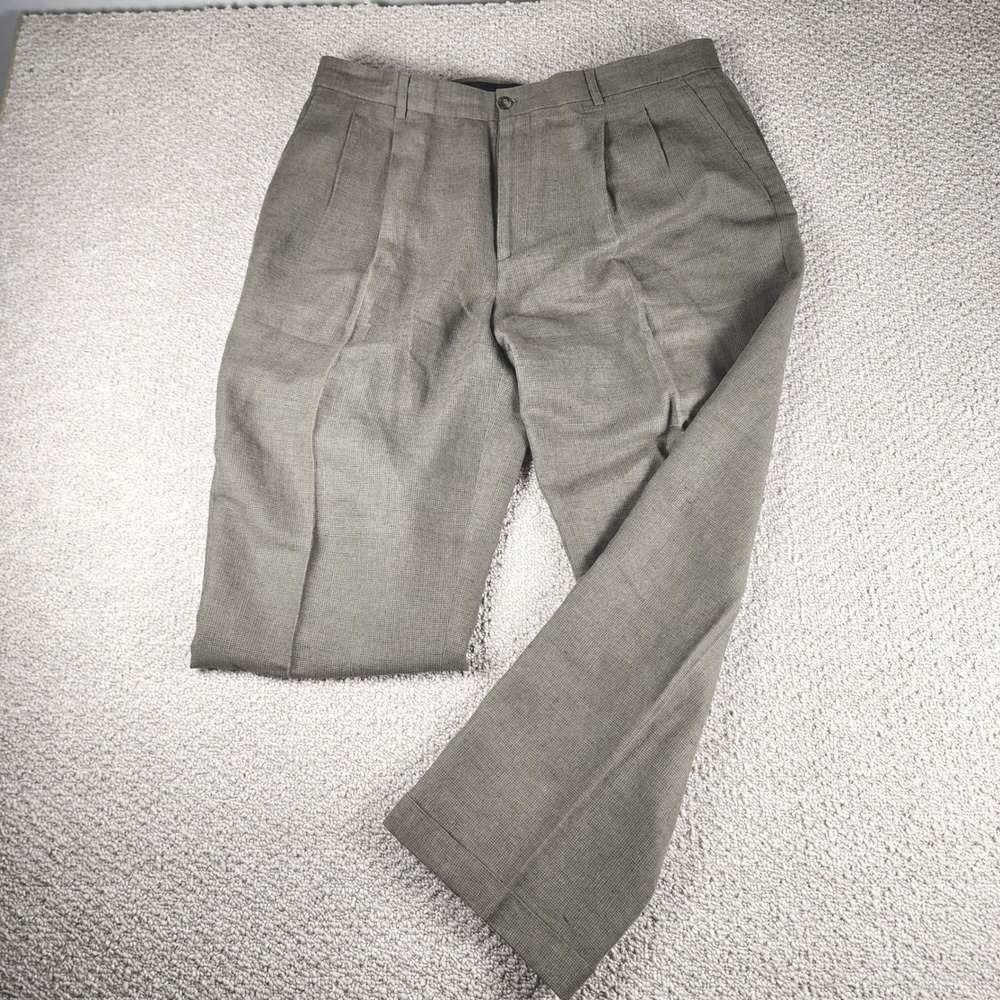 Claiborne Pleated Dress Pants 38S Linen Cotton Italian Fabric Cuffed Khaki Brown